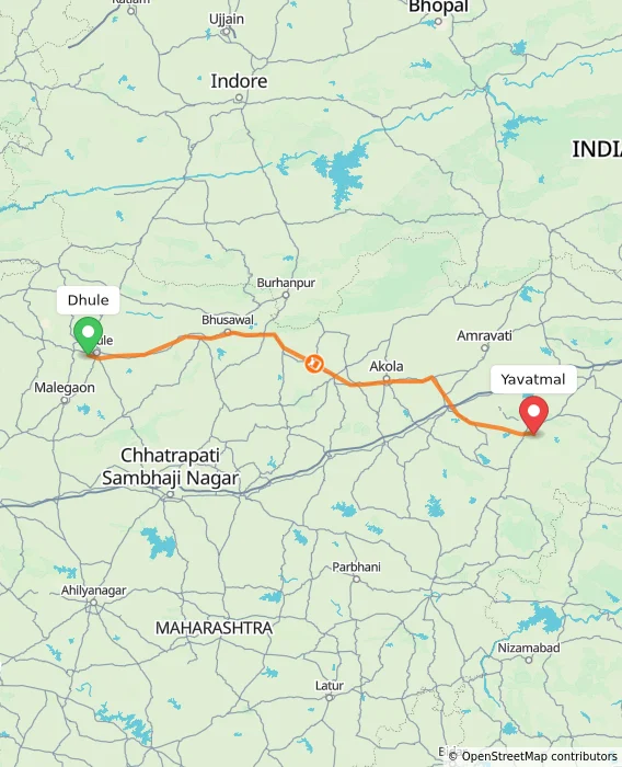 Route map showing distance and travel time from Dhule, India to Yavatmal, India