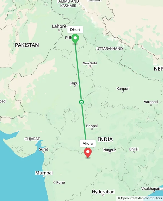Route map showing distance and travel time from Dhuri, India to Akola, India
