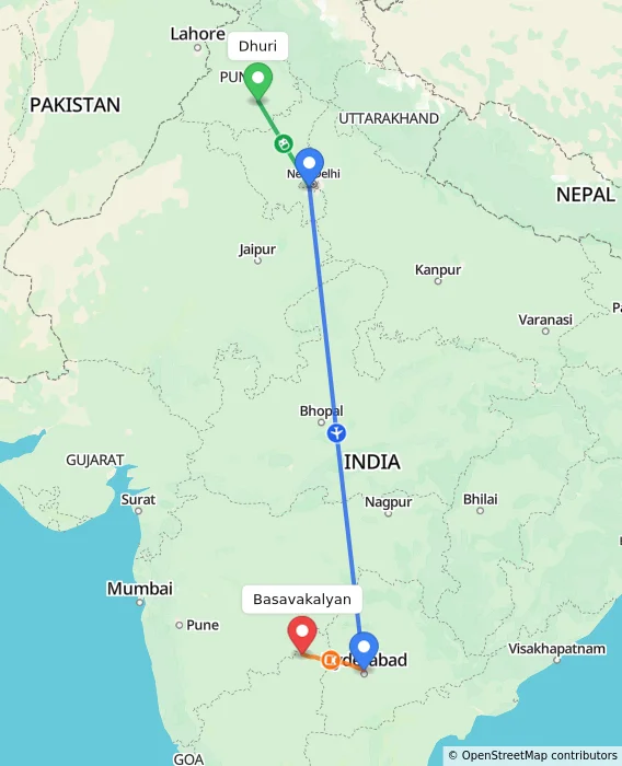 Route map showing distance and travel time from Dhuri, India to Basavakalyan, India