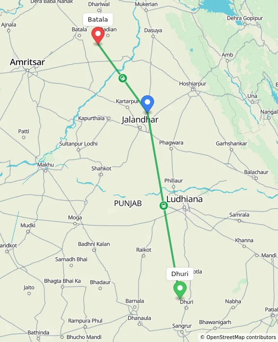 Route map showing distance and travel time from Dhuri, India to Batala, India