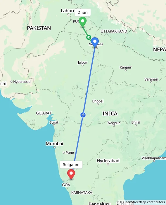 Route map showing distance and travel time from Dhuri, India to Belgaum, India