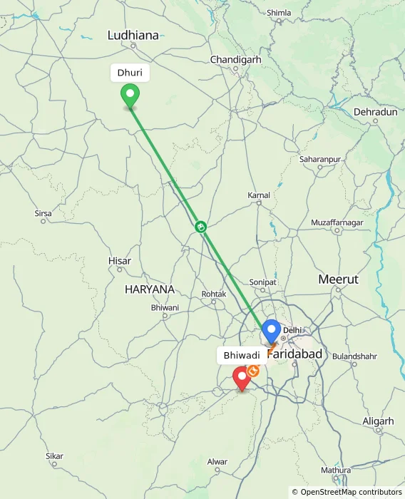 Route map showing distance and travel time from Dhuri, India to Bhiwadi, India