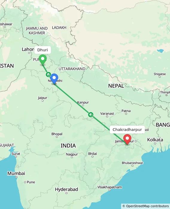 Route map showing distance and travel time from Dhuri, India to Chakradharpur, India