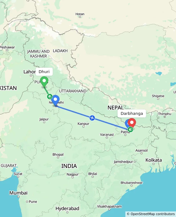 Route map showing distance and travel time from Dhuri, India to Darbhanga, India