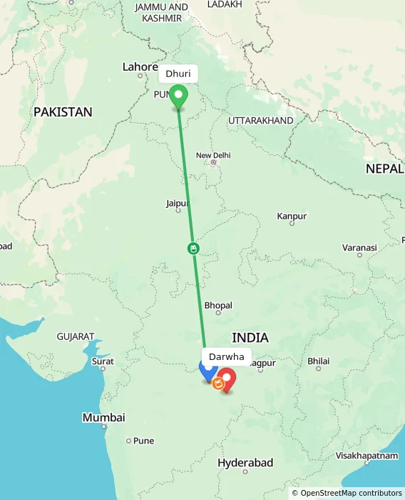 Route map showing distance and travel time from Dhuri, India to Darwha, India