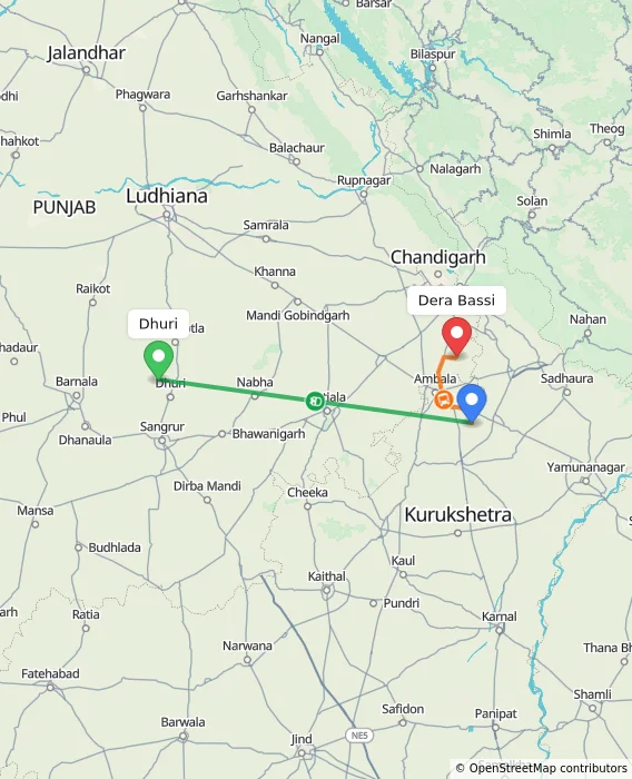 Route map showing distance and travel time from Dhuri, India to Dera Bassi, India