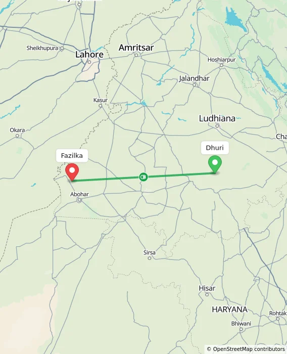 Route map showing distance and travel time from Dhuri, India to Fazilka, India