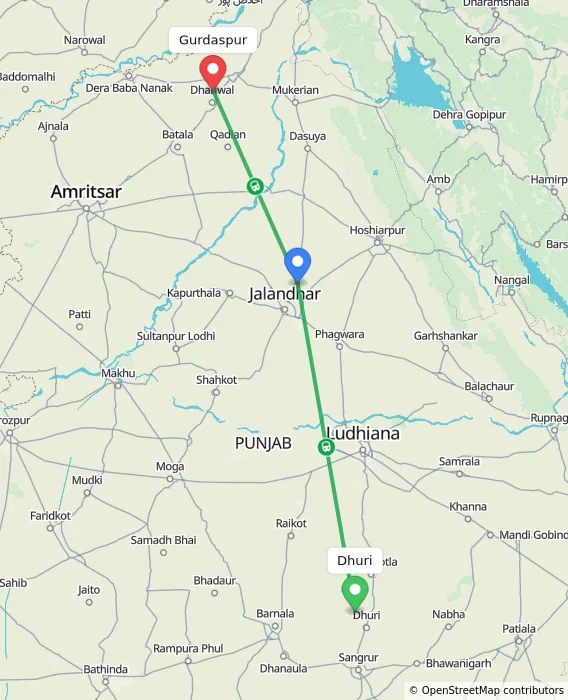 Route map showing distance and travel time from Dhuri, India to Gurdaspur, India