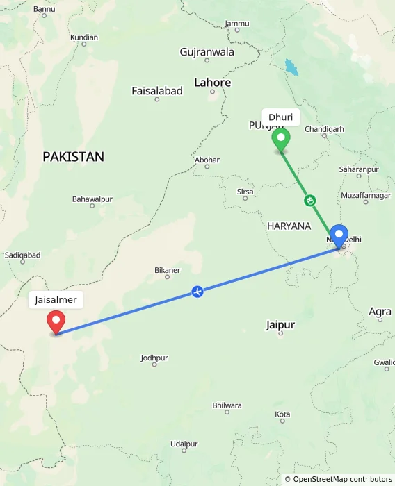 Route map showing distance and travel time from Dhuri, India to Jaisalmer, India