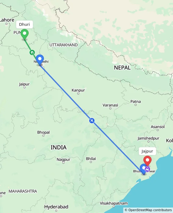 Route map showing distance and travel time from Dhuri, India to Jajpur, India