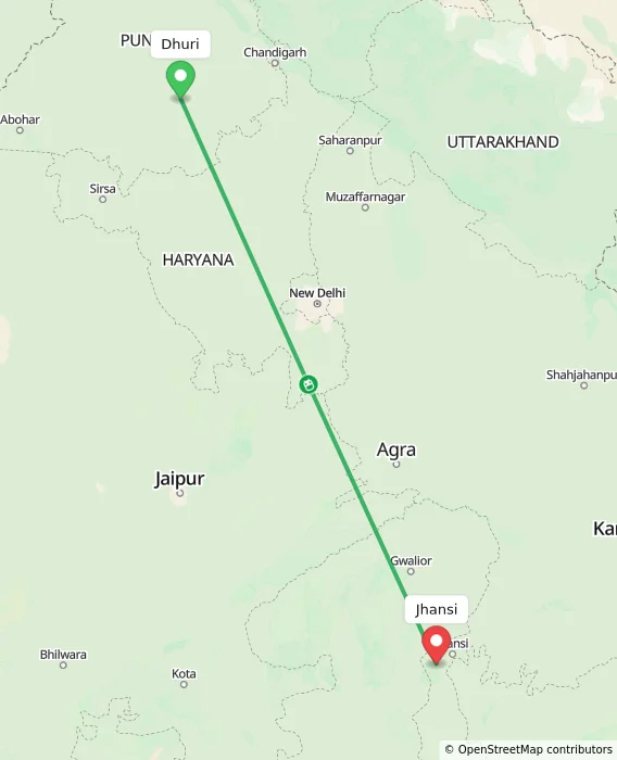 Route map showing distance and travel time from Dhuri, India to Jhansi, India