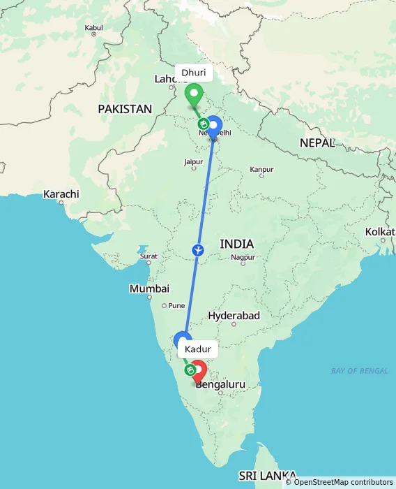 Route map showing distance and travel time from Dhuri, India to Kadur, India