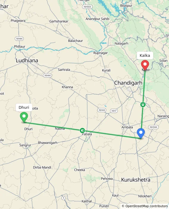 Route map showing distance and travel time from Dhuri, India to Kalka, India