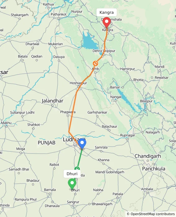 Route map showing distance and travel time from Dhuri, India to Kangra, India