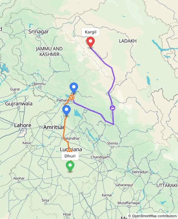 Route map showing distance and travel time from Dhuri, India to Kargil, India