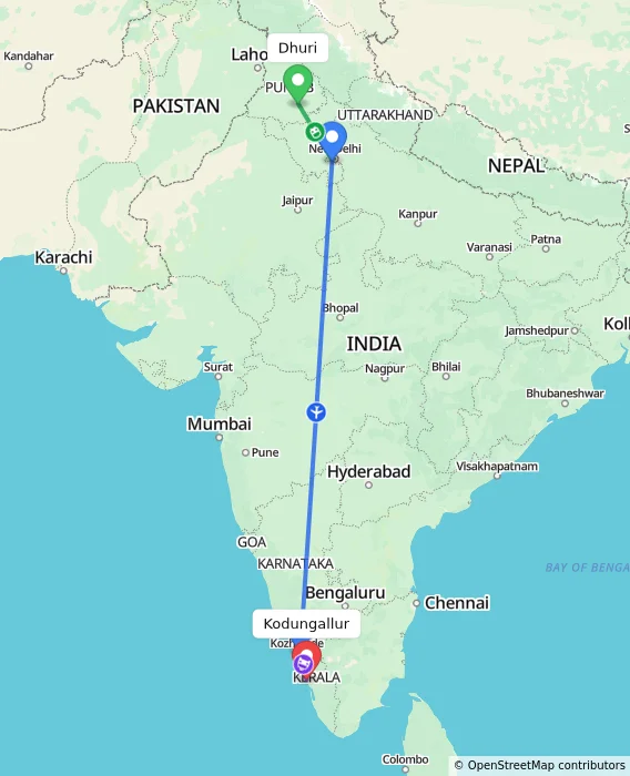 Route map showing distance and travel time from Dhuri, India to Kodungallur, India