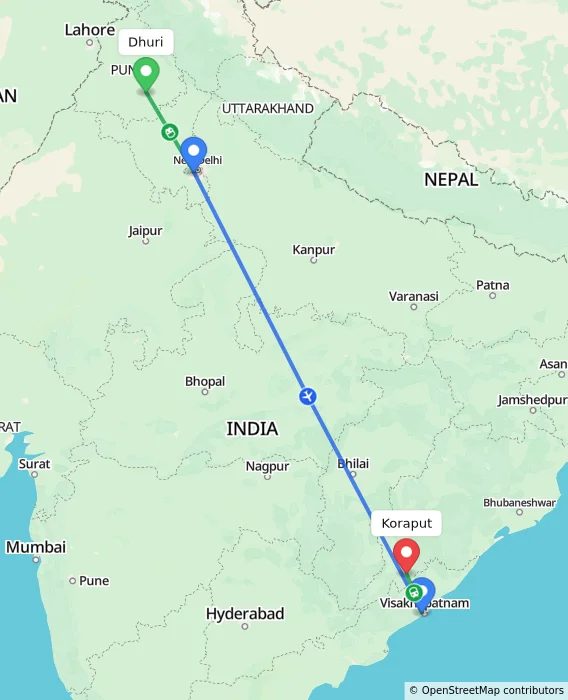 Route map showing distance and travel time from Dhuri, India to Koraput, India