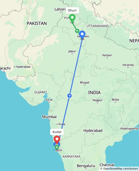 Route map showing distance and travel time from Dhuri, India to Kudal, India