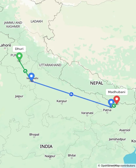 Route map showing distance and travel time from Dhuri, India to Madhubani, India