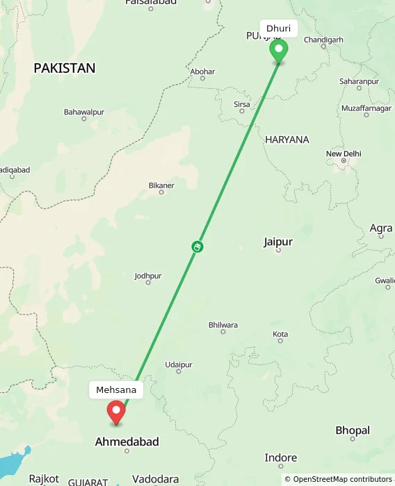 Route map showing distance and travel time from Dhuri, India to Mehsana, India