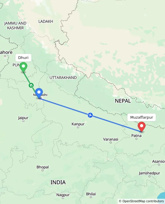 Route map showing distance and travel time from Dhuri, India to Muzaffarpur, India