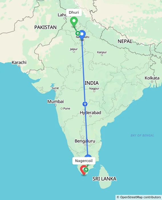 Route map showing distance and travel time from Dhuri, India to Nagercoil, India