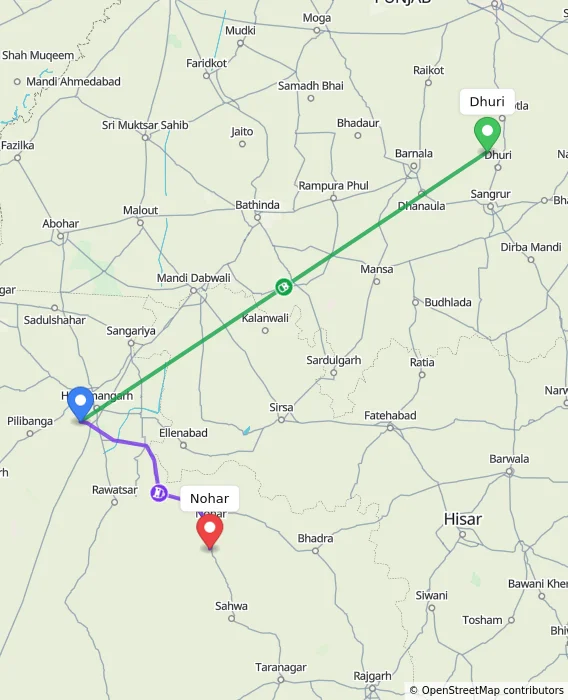 Route map showing distance and travel time from Dhuri, India to Nohar, India