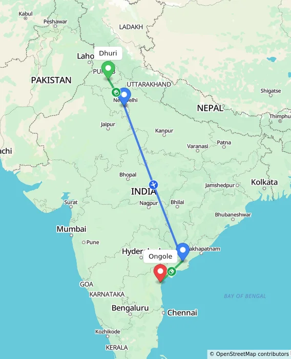 Route map showing distance and travel time from Dhuri, India to Ongole, India