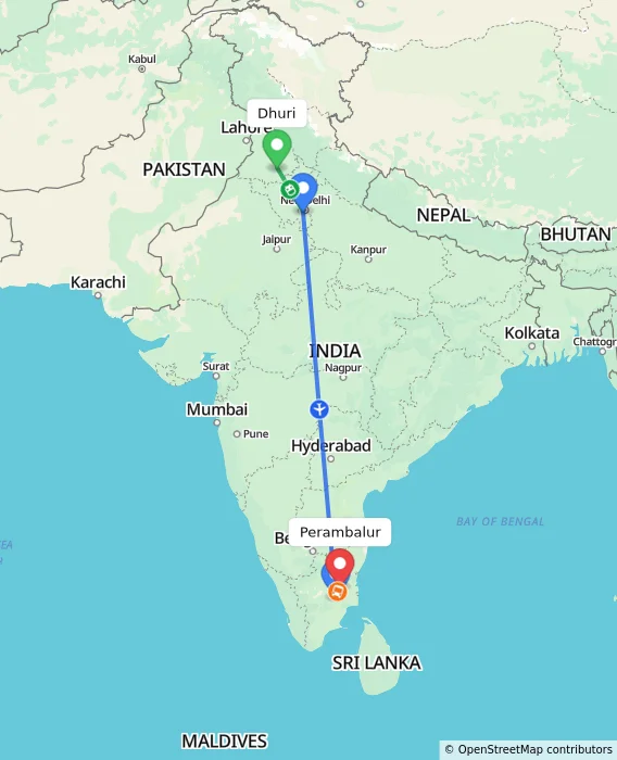 Route map showing distance and travel time from Dhuri, India to Perambalur, India
