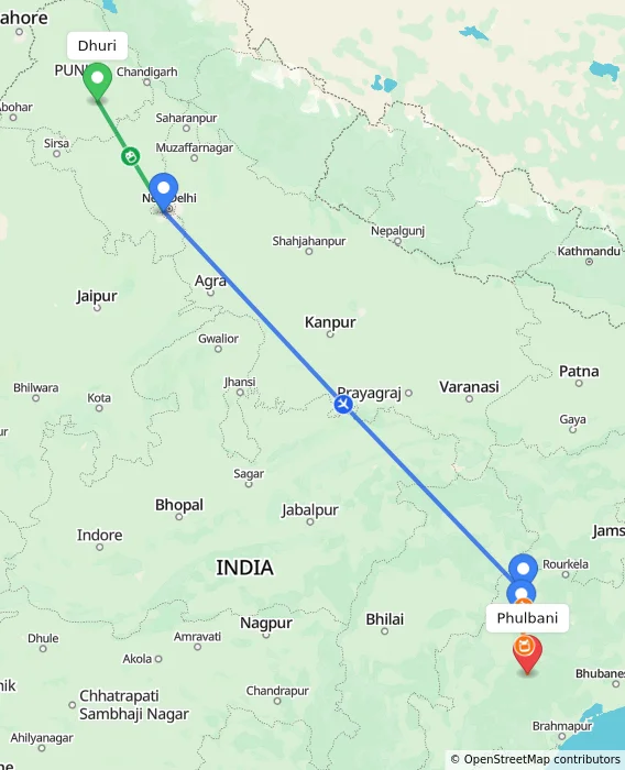 Route map showing distance and travel time from Dhuri, India to Phulbani, India