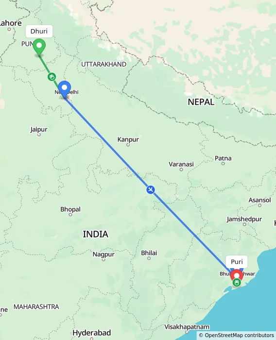 Route map showing distance and travel time from Dhuri, India to Puri, India