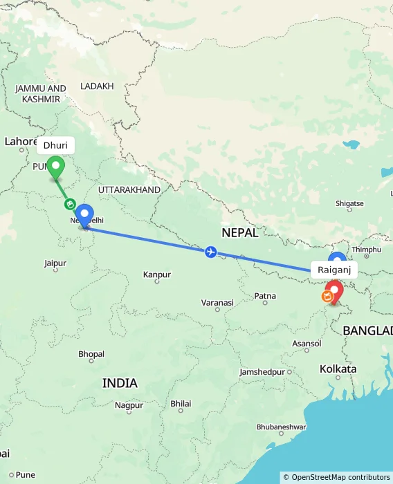 Route map showing distance and travel time from Dhuri, India to Raiganj, India