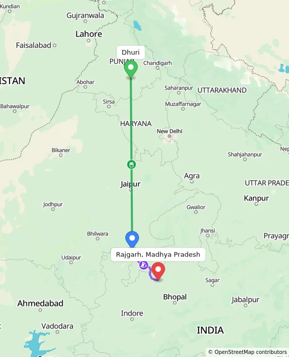 Route map showing distance and travel time from Dhuri, India to Rajgarh, Madhya Pradesh, India
