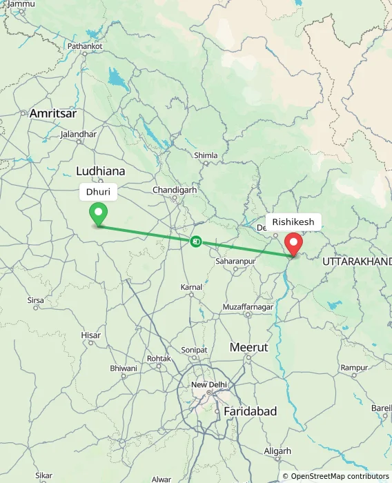Route map showing distance and travel time from Dhuri, India to Rishikesh, India