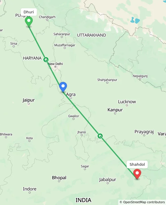 Route map showing distance and travel time from Dhuri, India to Shahdol, India