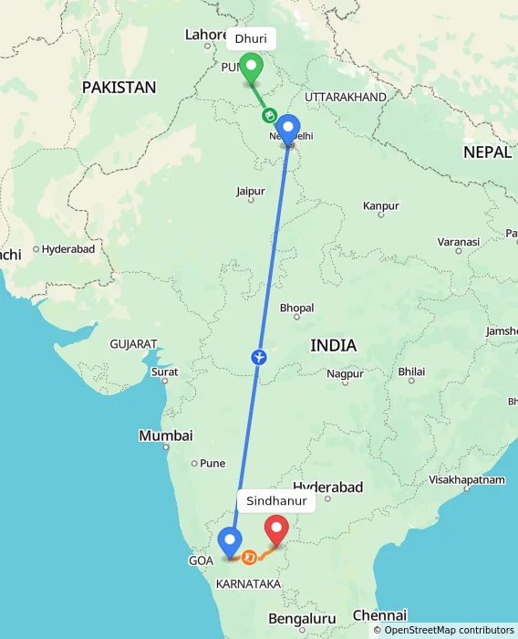 Route map showing distance and travel time from Dhuri, India to Sindhanur, India