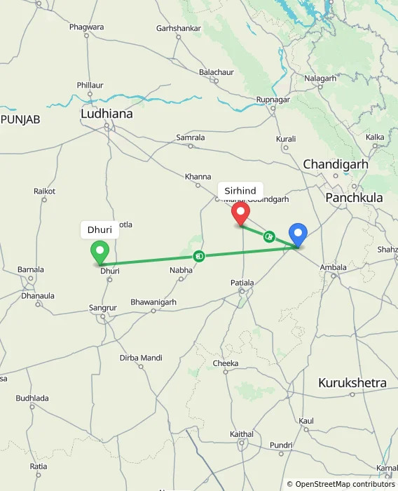 Route map showing distance and travel time from Dhuri, India to Sirhind, India
