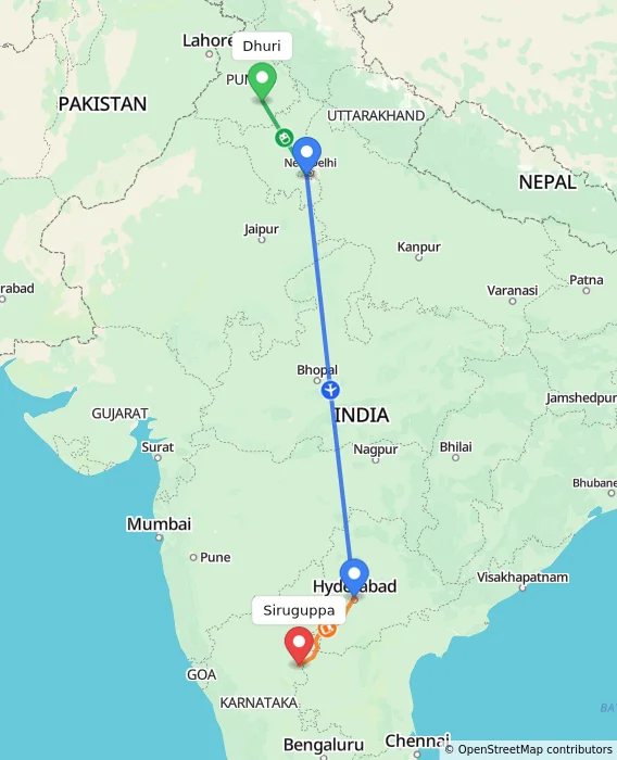 Route map showing distance and travel time from Dhuri, India to Siruguppa, India