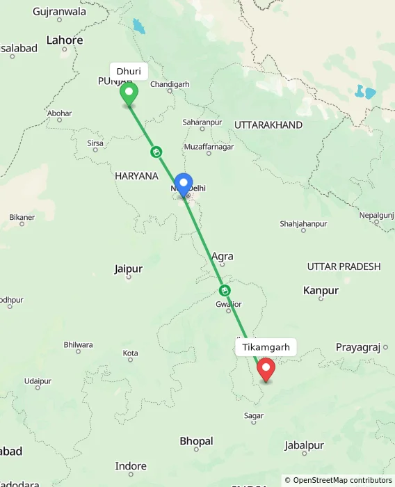 Route map showing distance and travel time from Dhuri, India to Tikamgarh, India