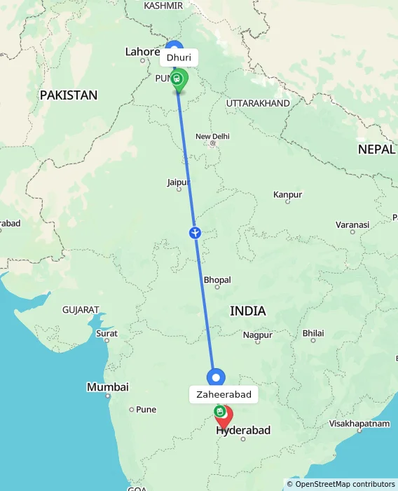Route map showing distance and travel time from Dhuri, India to Zaheerabad, India