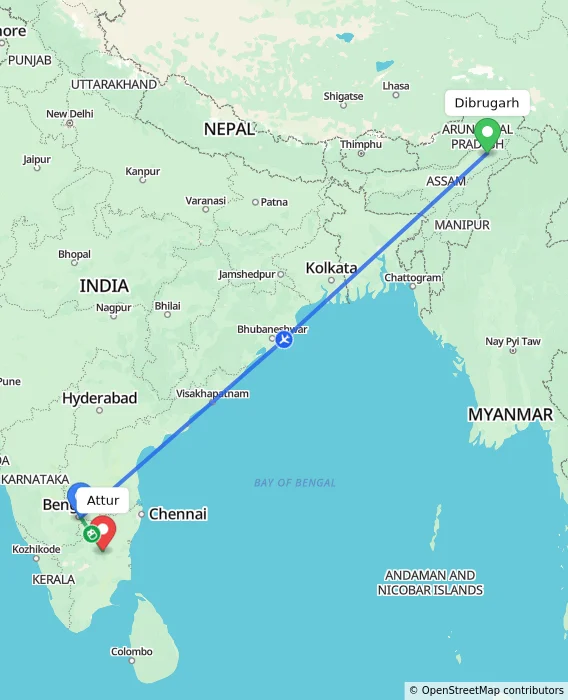 Route map showing distance and travel time from Dibrugarh, India to Attur, India
