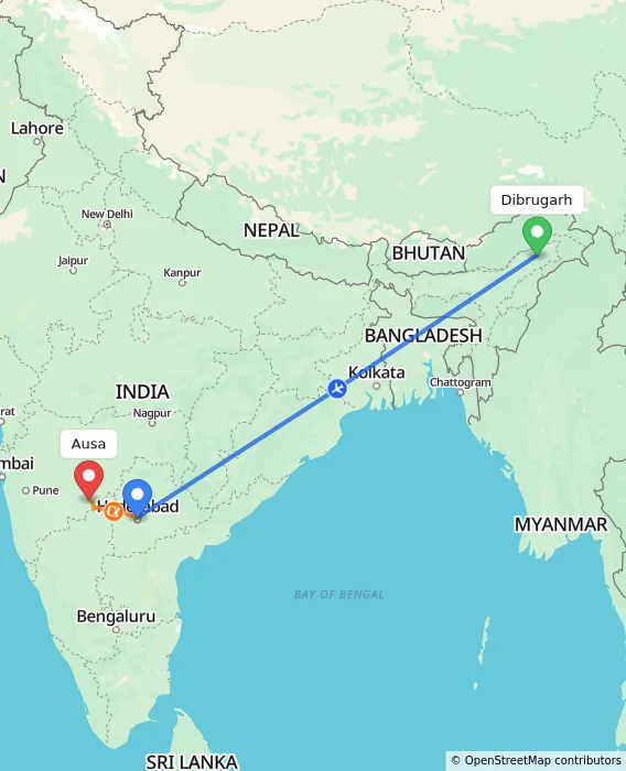 Route map showing distance and travel time from Dibrugarh, India to Ausa, India