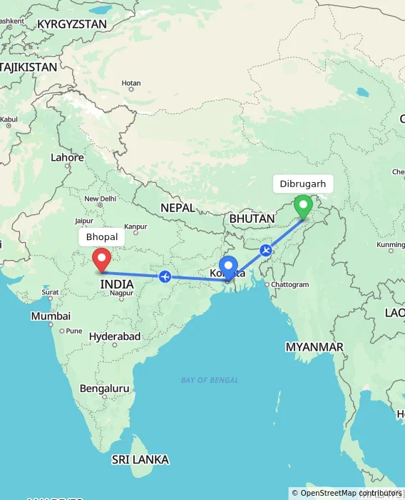 Route map showing distance and travel time from Dibrugarh, India to Bhopal, India