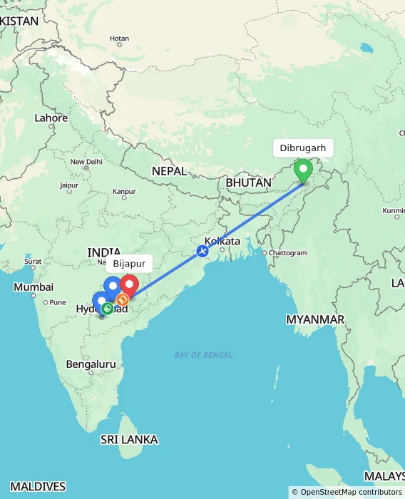 Route map showing distance and travel time from Dibrugarh, India to Bijapur, India