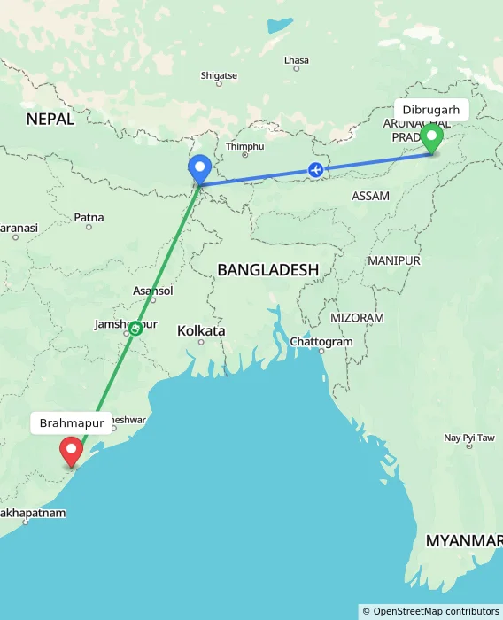 Route map showing distance and travel time from Dibrugarh, India to Brahmapur, India