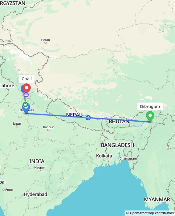 Route map showing distance and travel time from Dibrugarh, India to Chail, India