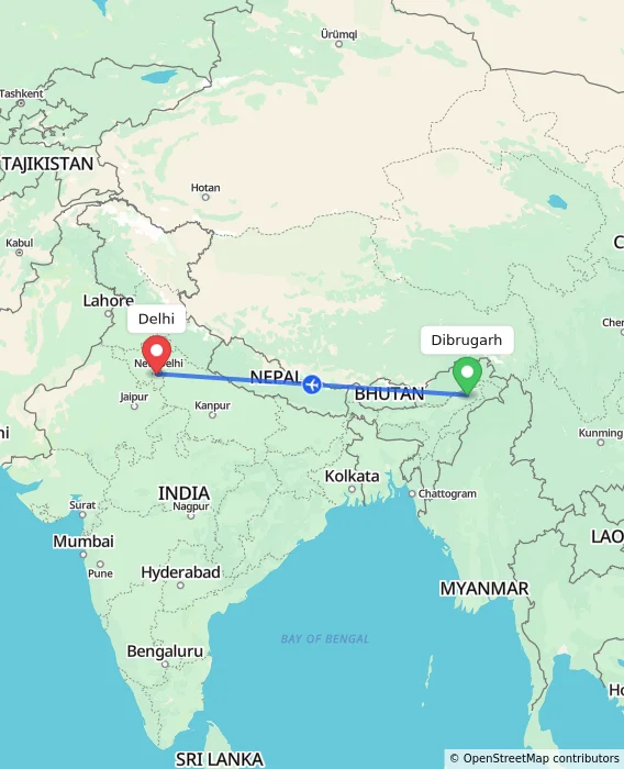 Route map showing distance and travel time from Dibrugarh, India to Delhi, India