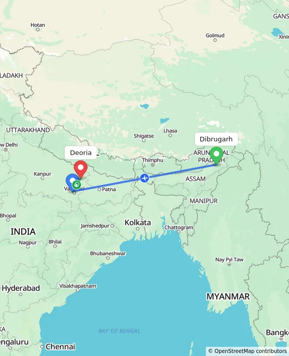 Route map showing distance and travel time from Dibrugarh, India to Deoria, India