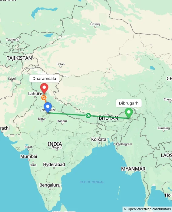 Route map showing distance and travel time from Dibrugarh, India to Dharamsala, India
