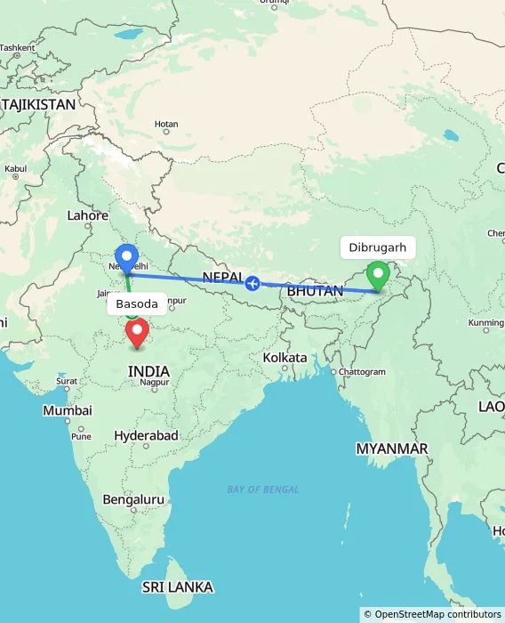 Route map showing distance and travel time from Dibrugarh, India to Basoda, India